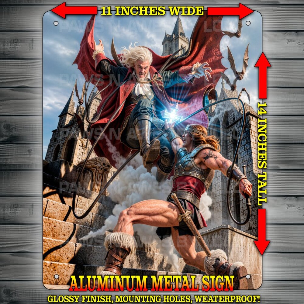Castlevania - Simon Belmont Vs Dracula on Stone Steps Wall Art Metal Sign 11x14"